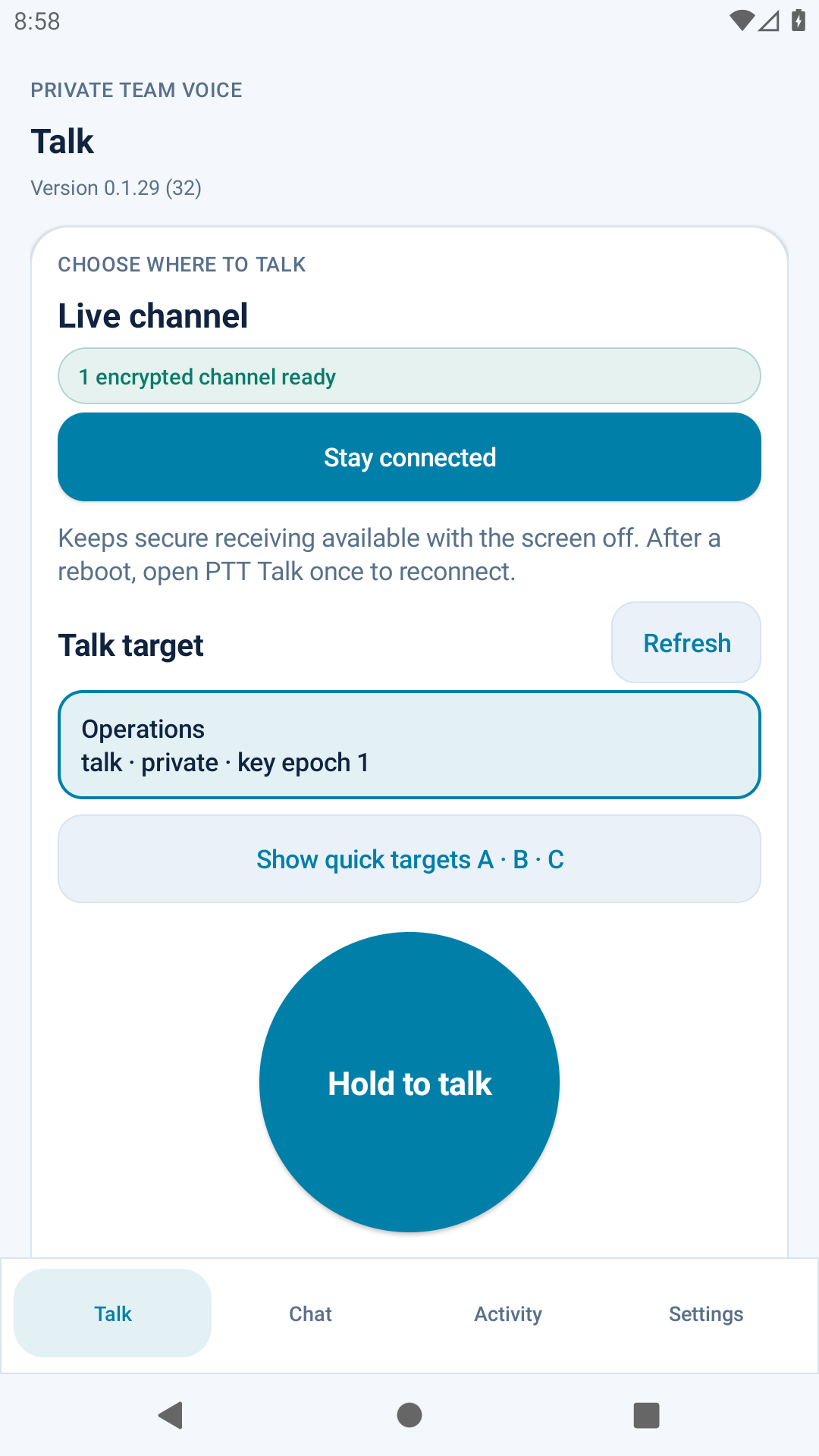 PTT Talk displaying an encrypted channel and hold-to-talk control in the current Android build