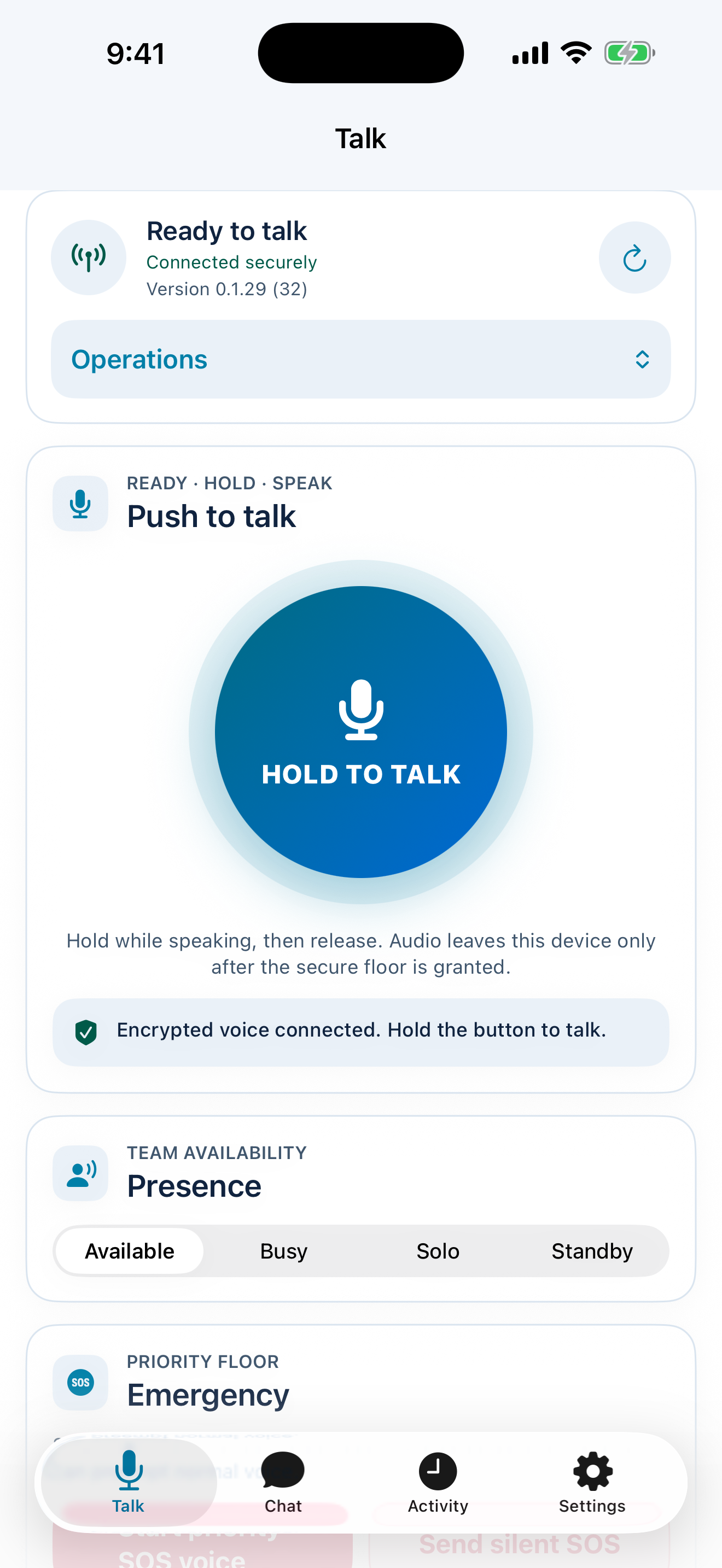 PTT Talk displaying a ready encrypted channel and hold-to-talk control in the current iOS simulator build